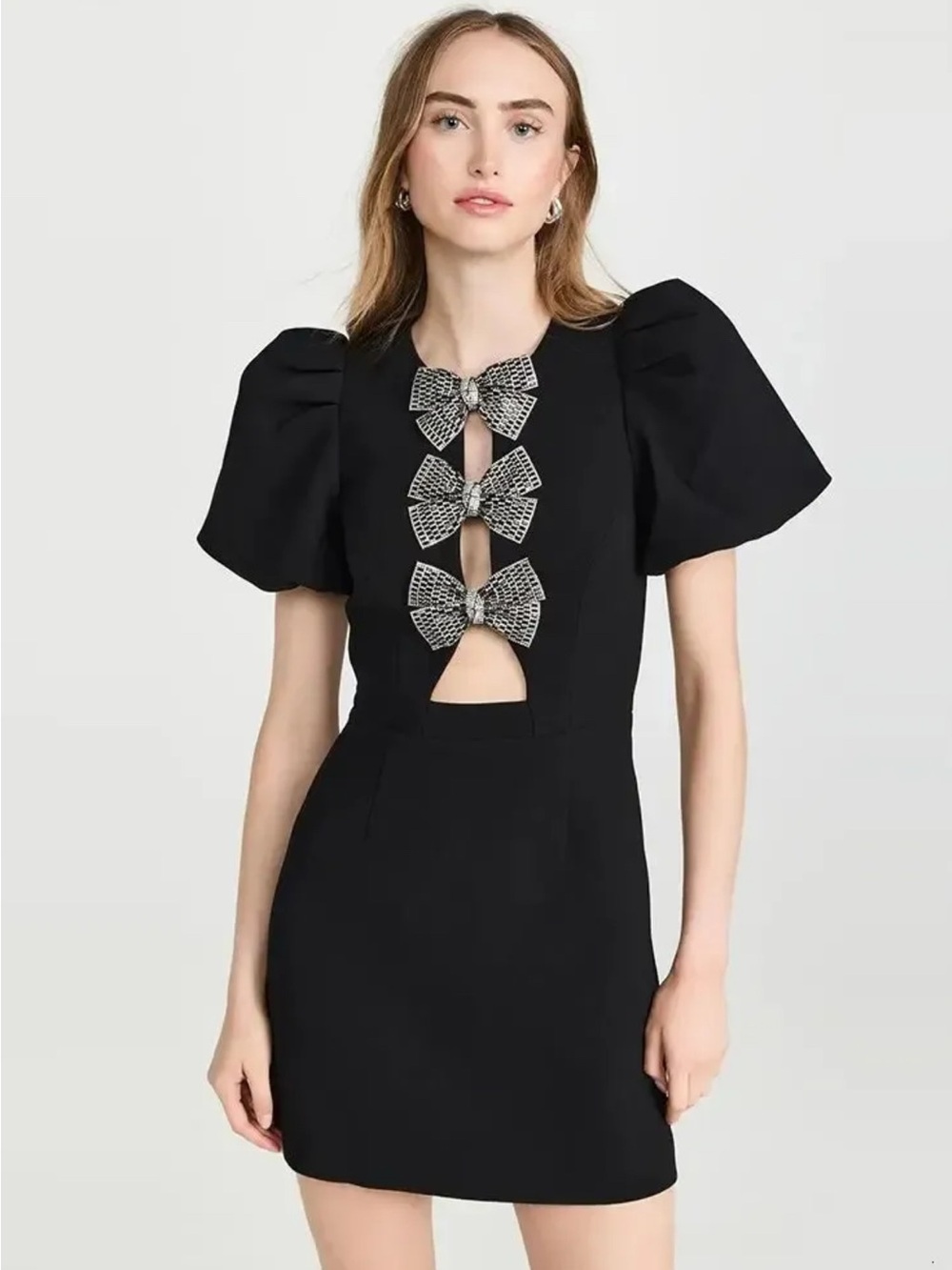 SUNFERE Fitted short dress with a front bow and puffed short sleeves NWT size S
